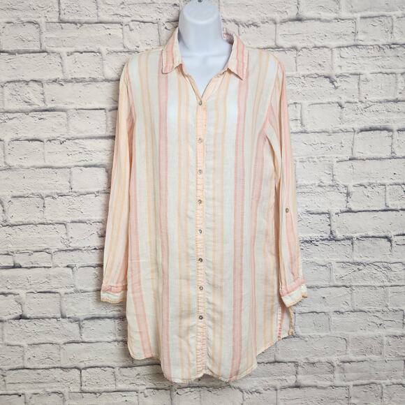 ANTIBES BLANC Linen Tunic Length Top Women Sz Medium Roll Tab Sleeves TINY FLAW - Picture 1 of 11